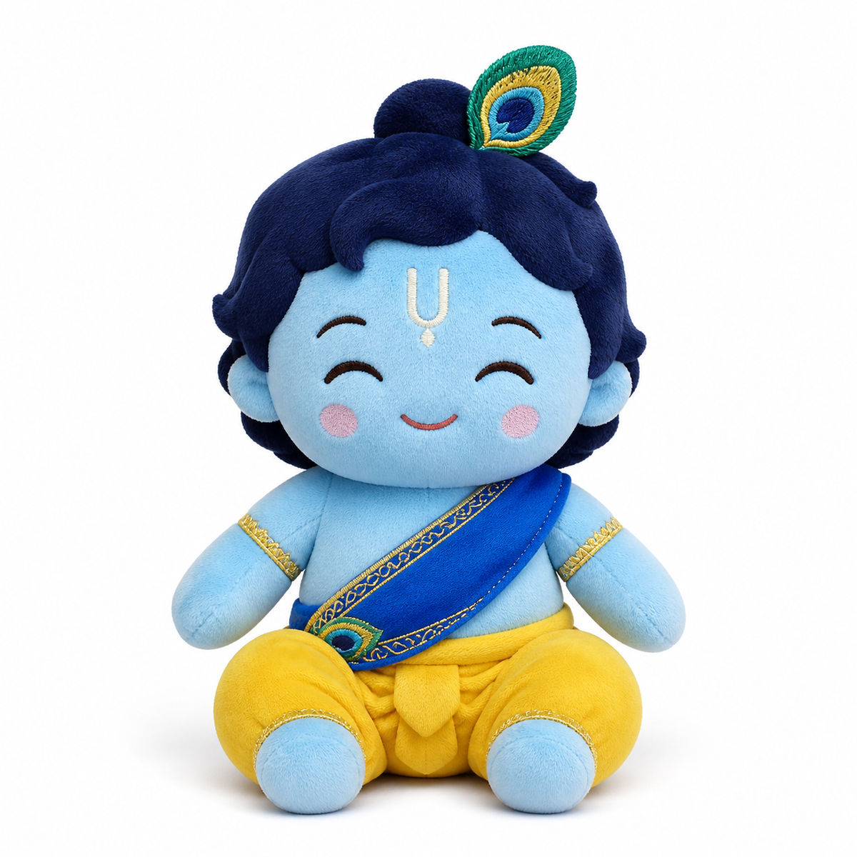 Coshi Krishna interactive deity companion, front view — blue plush with yellow dhoti, blue sash and peacock feather