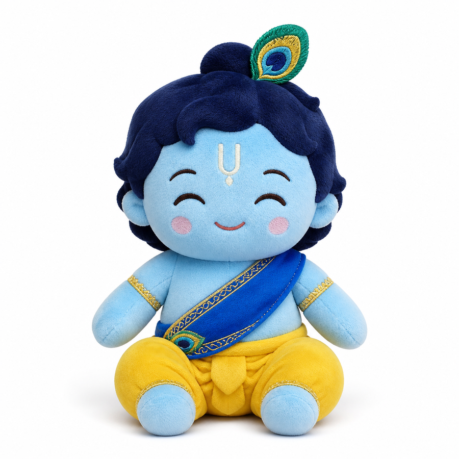 Coshi Krishna interactive deity companion, front view — blue plush with yellow dhoti, blue sash and peacock feather