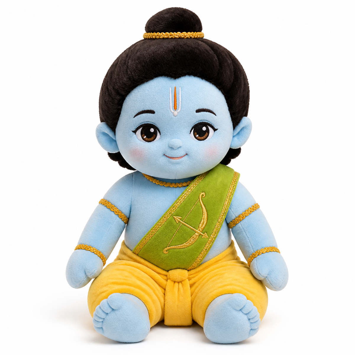 Coshi Ram interactive deity companion, front view — blue plush with yellow dhoti and green sash embroidered with a bow