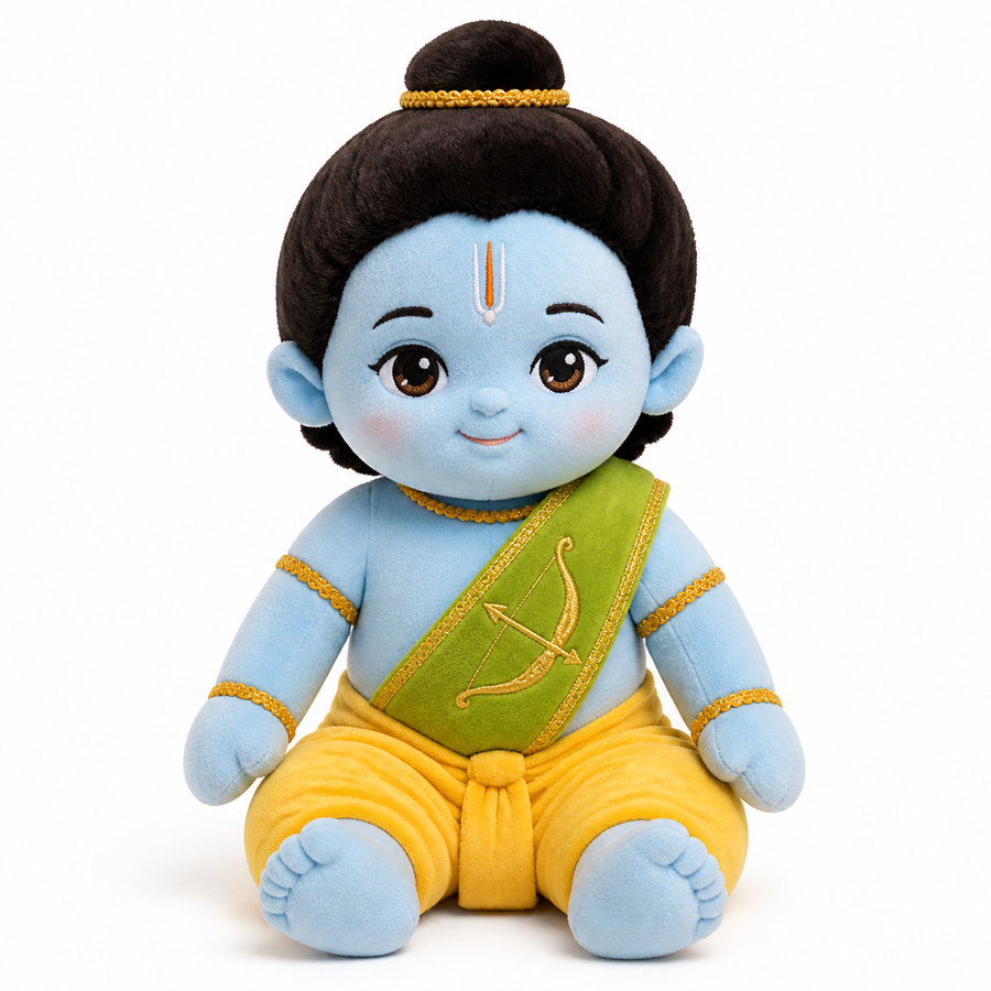 Coshi Ram interactive deity companion, front view — blue plush with yellow dhoti and green sash embroidered with a bow