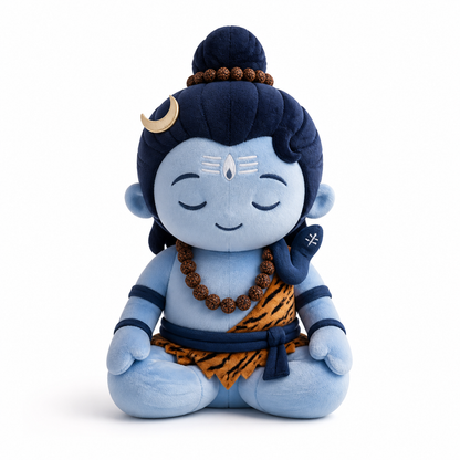 Coshi Shiva interactive deity companion, front view — pale blue plush seated in meditation with rudraksha beads, crescent moon and tiger-print wrap