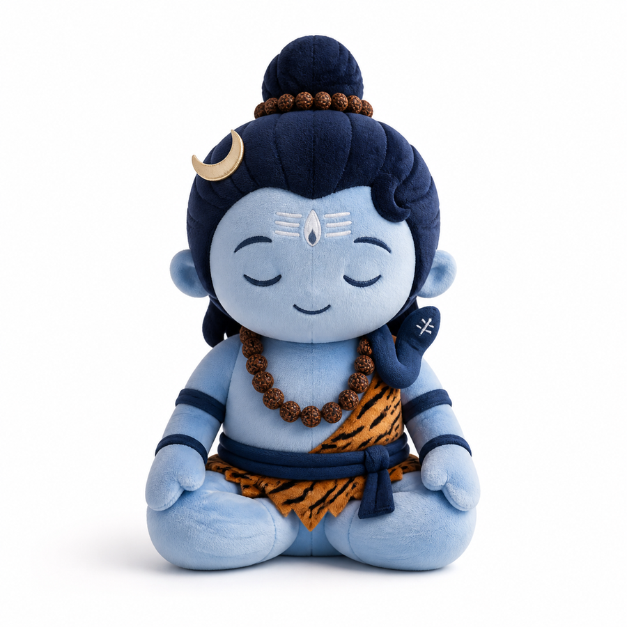 Coshi Shiva interactive deity companion, front view — pale blue plush seated in meditation with rudraksha beads, crescent moon and tiger-print wrap