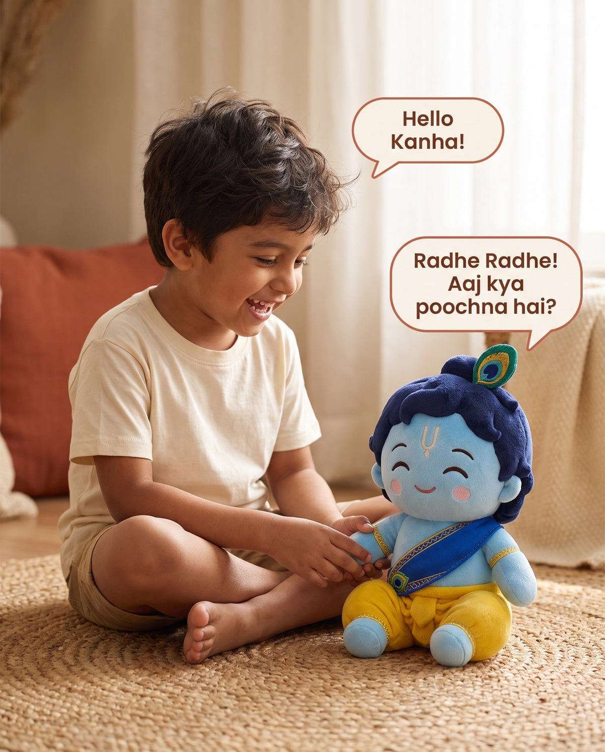 Touch, and he talks — Kanha says: Radhe Radhe! Aaj kya poochhna hai?